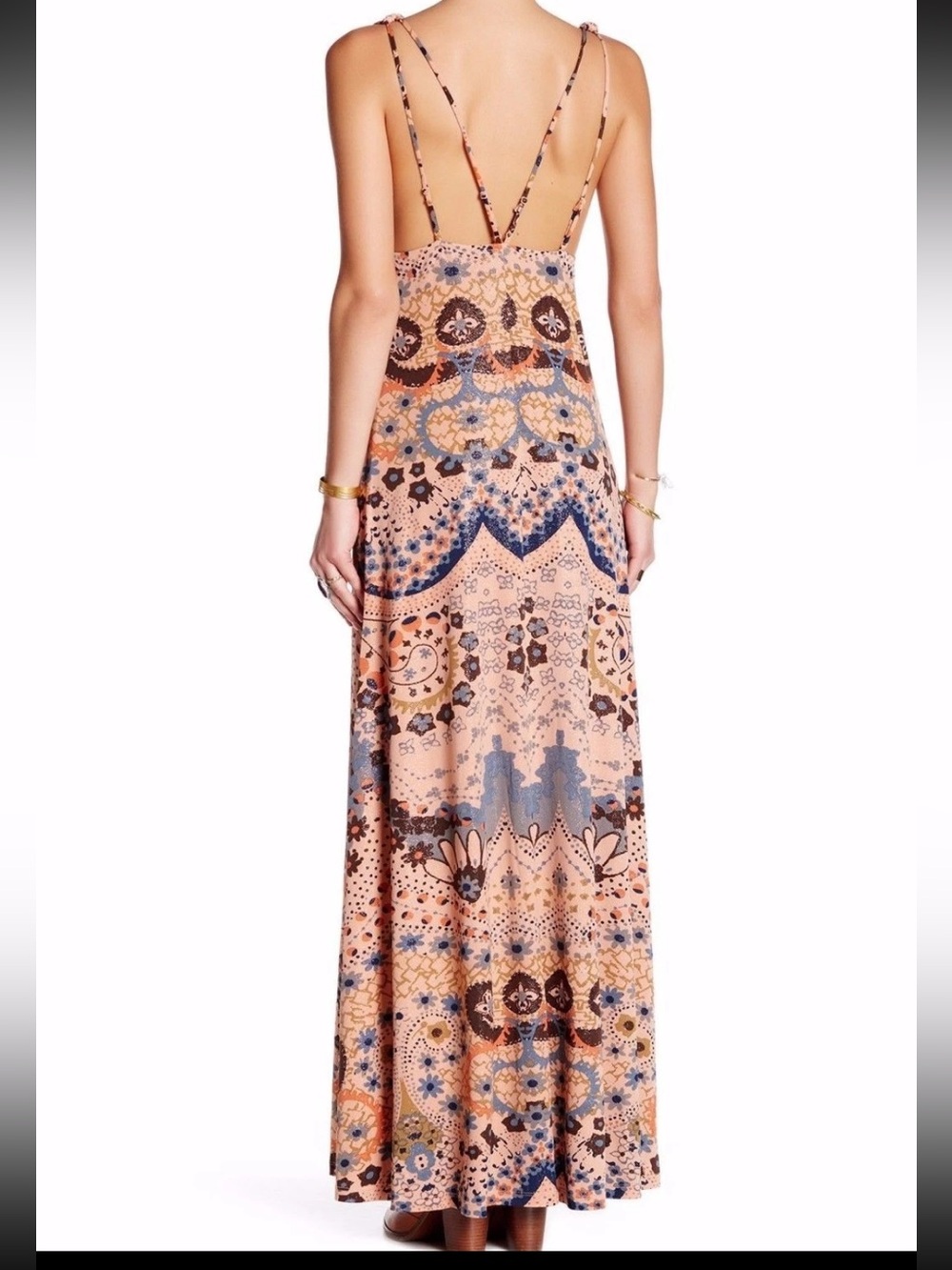 11.168$ Free People Deep V Boho Maxi Dress in Peach and Blue - Picture 3 of 4